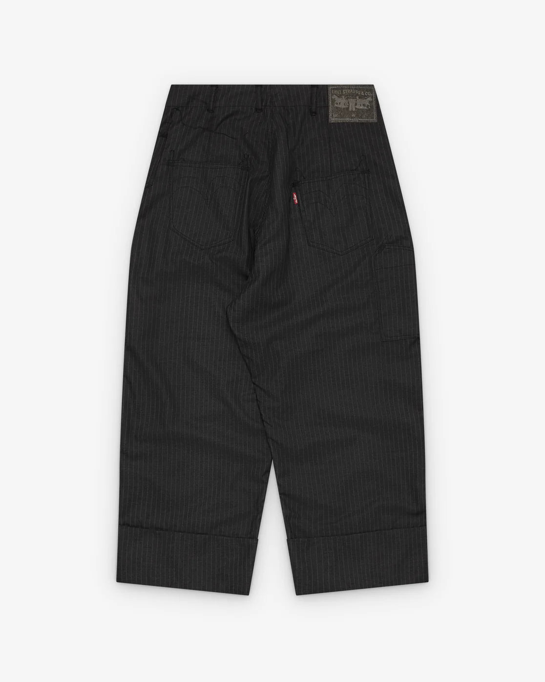 Back flat
Junya Watanabe Man Levi’s Pinstripe Trousers in grey with leather waist patch, back view