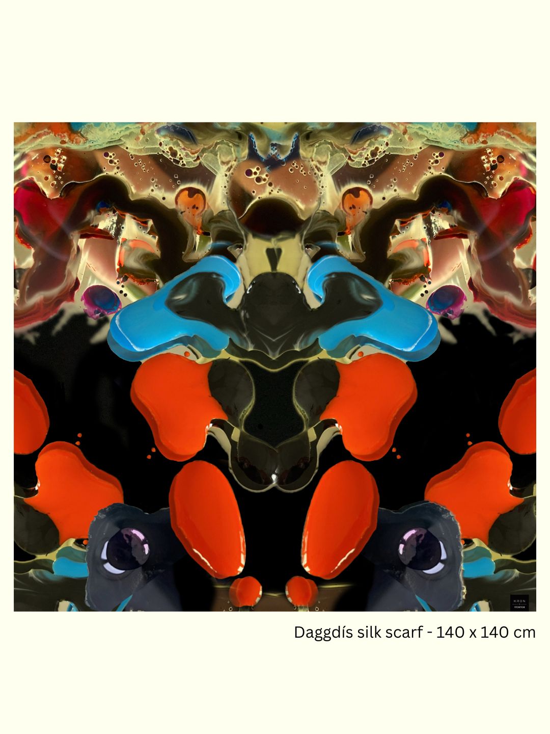 Full view of the Dagdís 140 × 140 cm silk georgette scarf by Kron by Kronkron with mirrored abstract print in red, blue, black, olive and violet tones