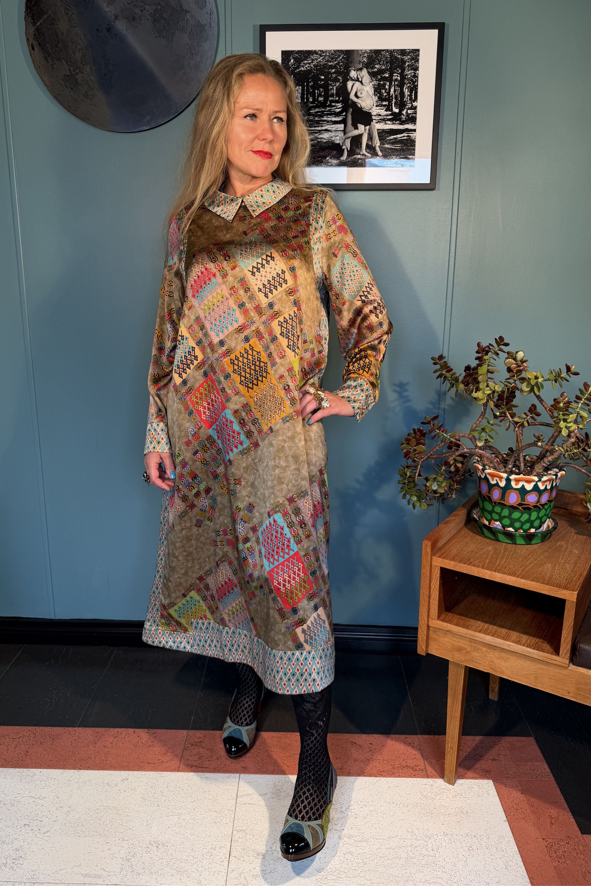 Kron by Kronkron Esme Dress in Harly print, full front view showing the pointed collar and silk satin finish