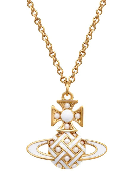 CASSIE bas relief pendant Gold/Cream Rose/pearl/white enamel
