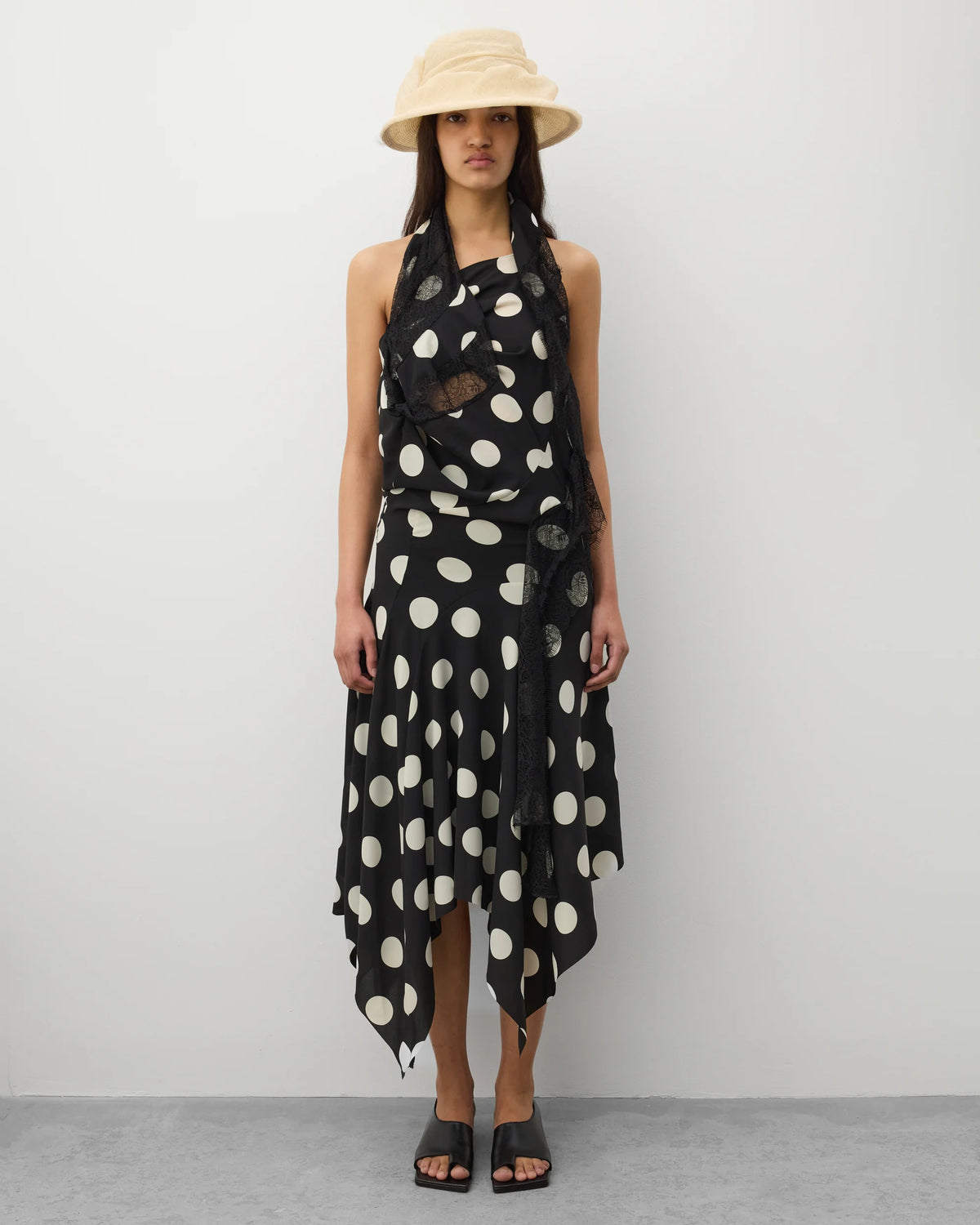 junya watanabe ドットシフォンワンピース　パール付き Junya Watanabe Halter Neck Polka Dot Dress Black/White