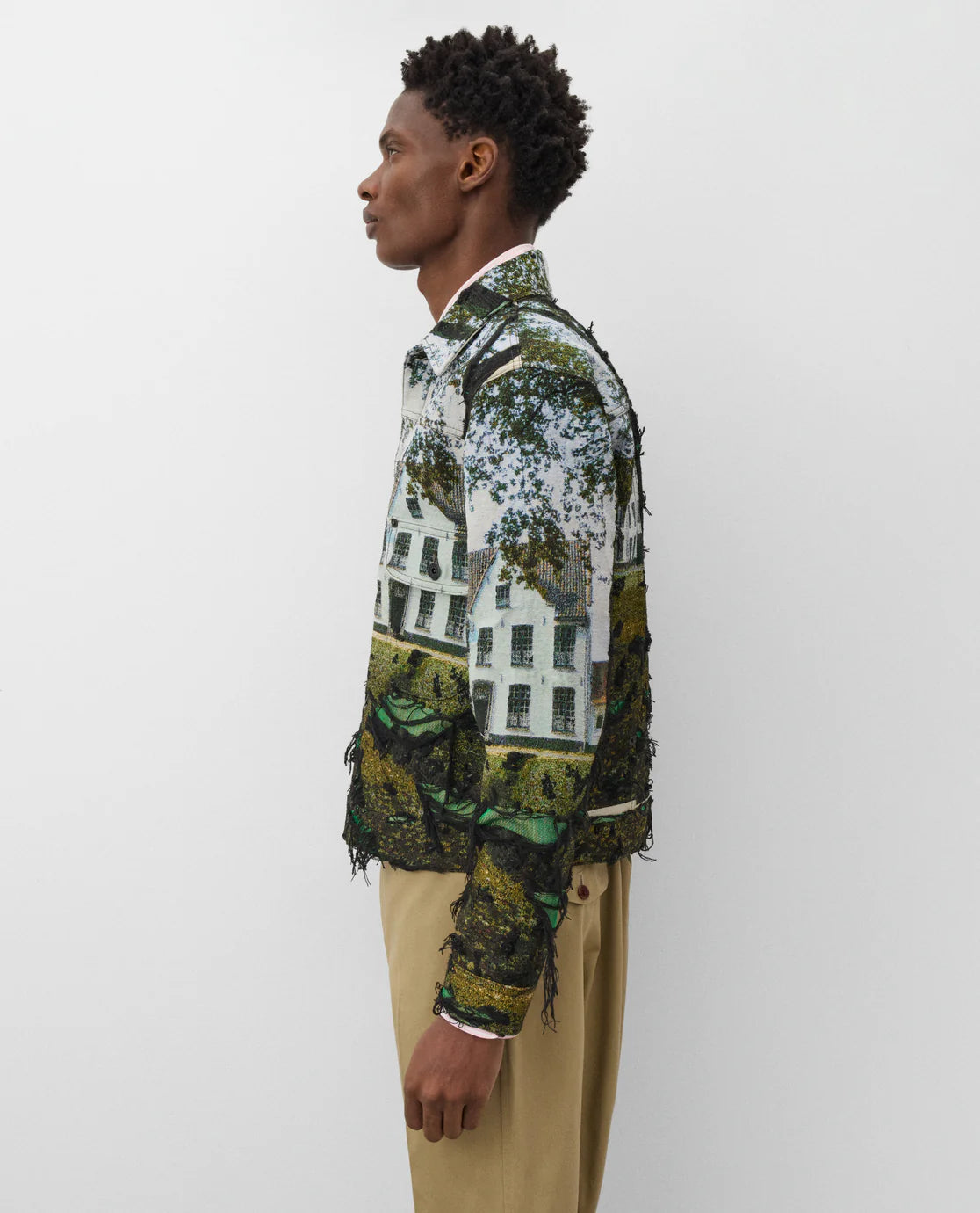 Side worn
Junya Watanabe Man House Jacket in multi shown from the side with distressed detailing