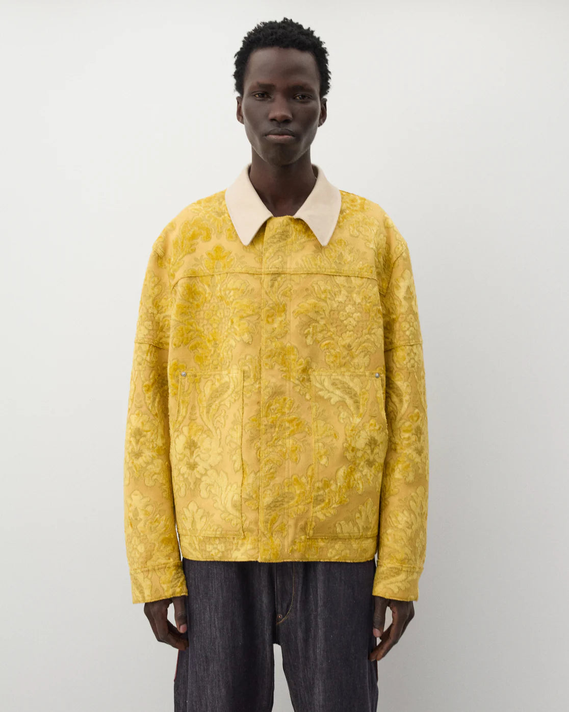 Front worn
Junya Watanabe Man Floral Pattern Jacket in yellow with contrast corduroy collar, front view