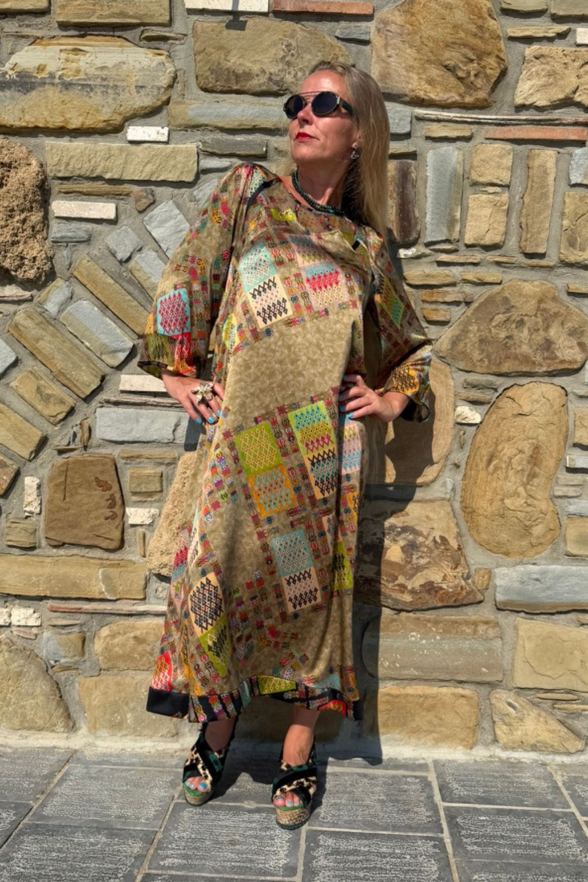 Front view of Jacqueline Harly Light silk dress showing the relaxed silhouette and colourful geometric print