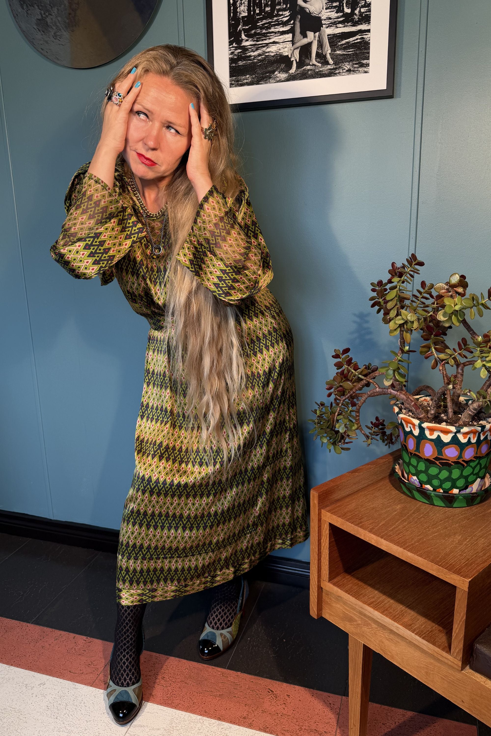 Josephine silk satin dress in Sporrof Green print by Kron by Kronkron, three-quarter front view