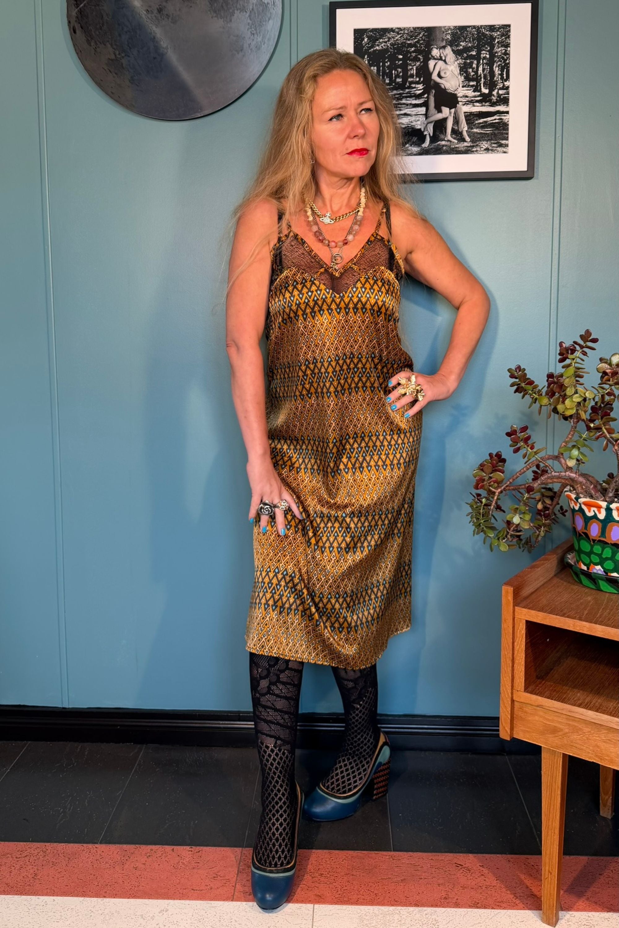 Kron by Kronkron Norma Lang dress in Sporrof Gold, full-length front view showing the fluid silk silhouette