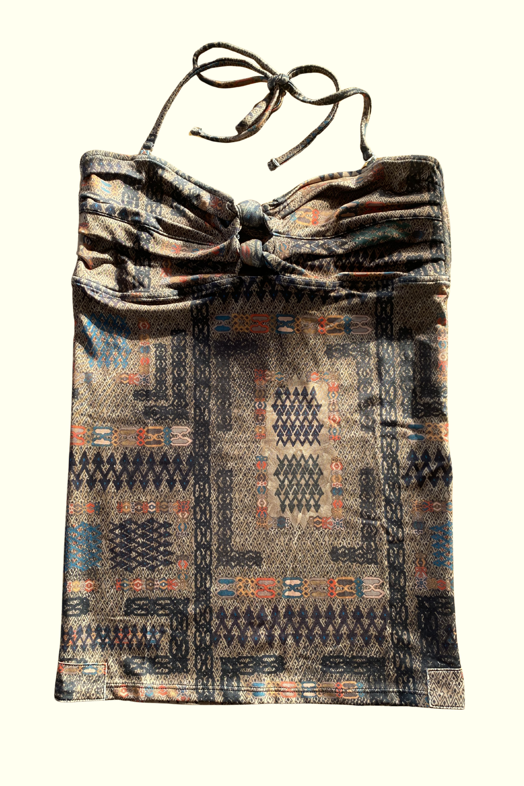 Kron by Kronkron Pam Long Bikini Top in Ljósrof print with neck tie, back tie and knot detail at the front on a white background