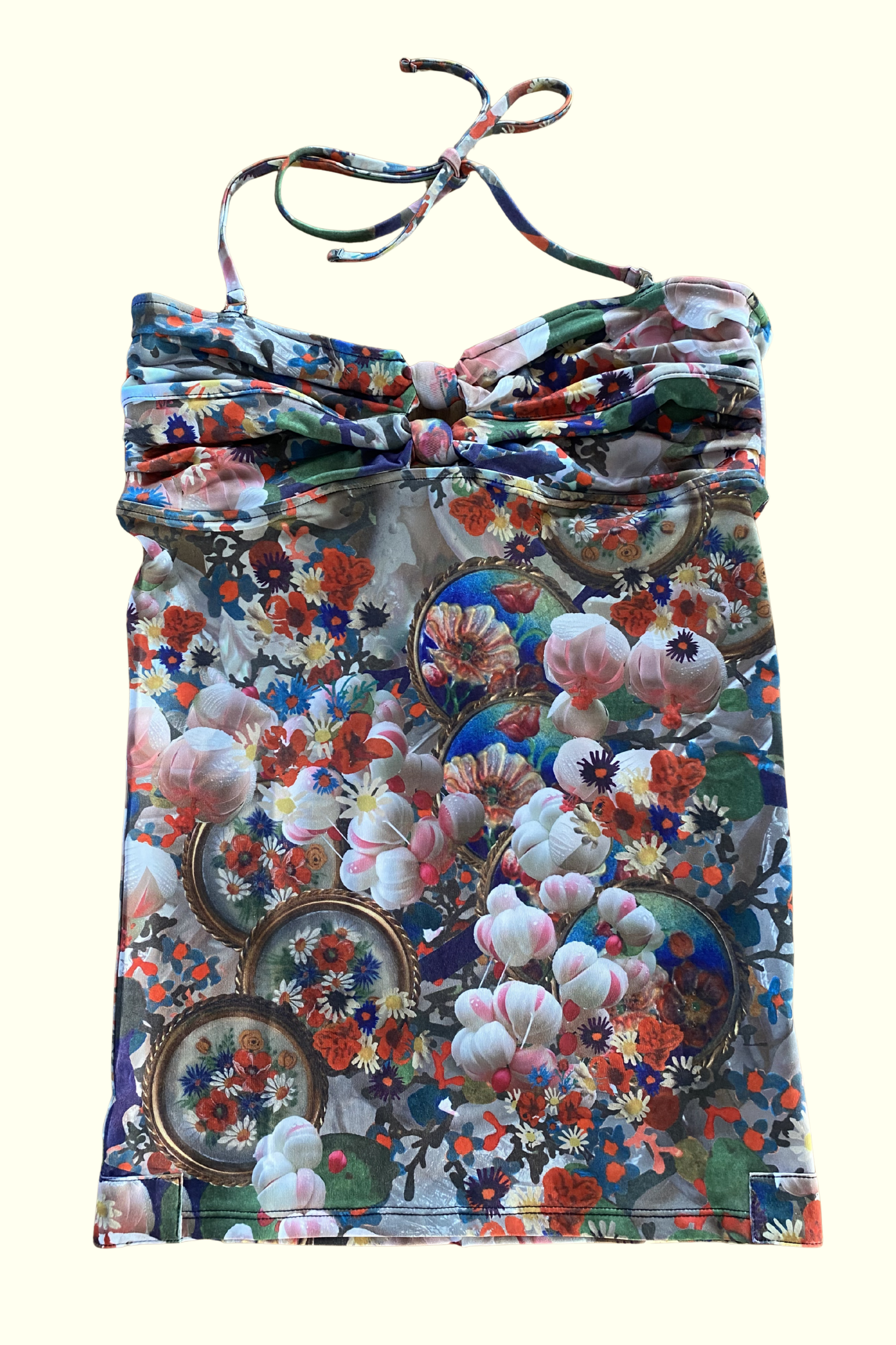 Kron by Kronkron Pam Long Bikini Top in Það sem ég sé print with neck tie, back tie and knot detail at the front