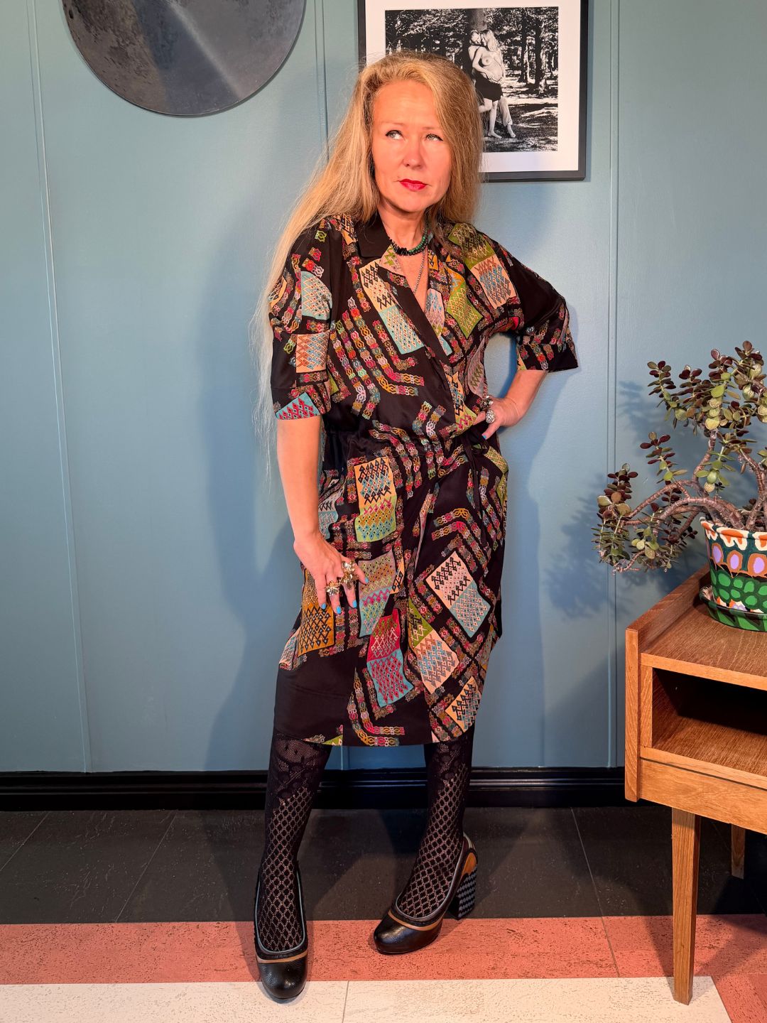 Front view of Kron by Kronkron Rimini Black Harly dress with adjustable waist and three-quarter sleeves