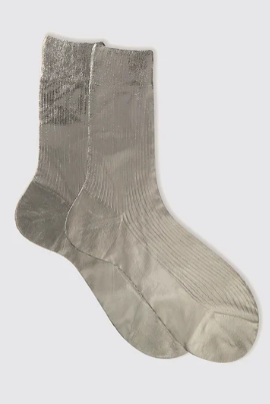 Maria La Rosa One Ribbed Laminated Grey silk socks with a ribbed texture and metallic finish