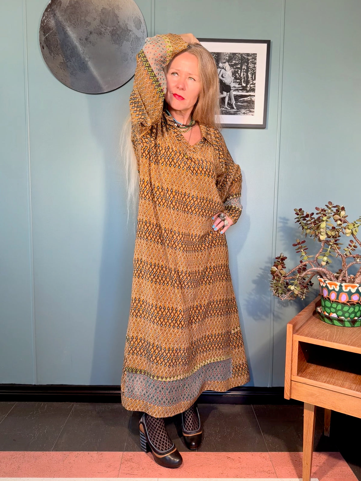 Full-length Andrilla silk dress in Sporrof Brown & Blue with flowing silhouette, geometric print and semi-sheer contrast details