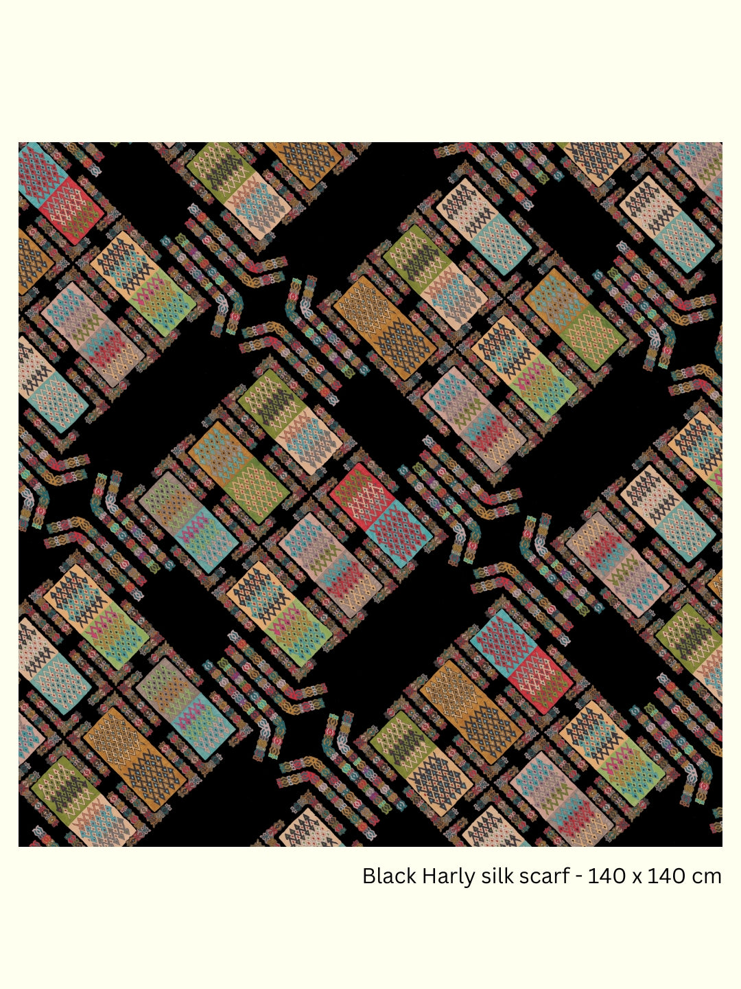 Full view of the Black Harly 140 × 140 cm silk georgette scarf by Kron by Kronkron with multicoloured geometric print
