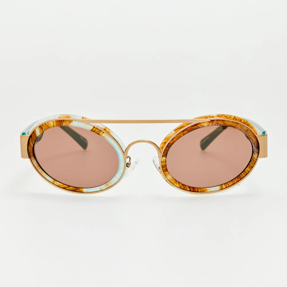 Dries Van Noten rounded cat-eye sunglasses in marble and aqua with brown lenses, front view