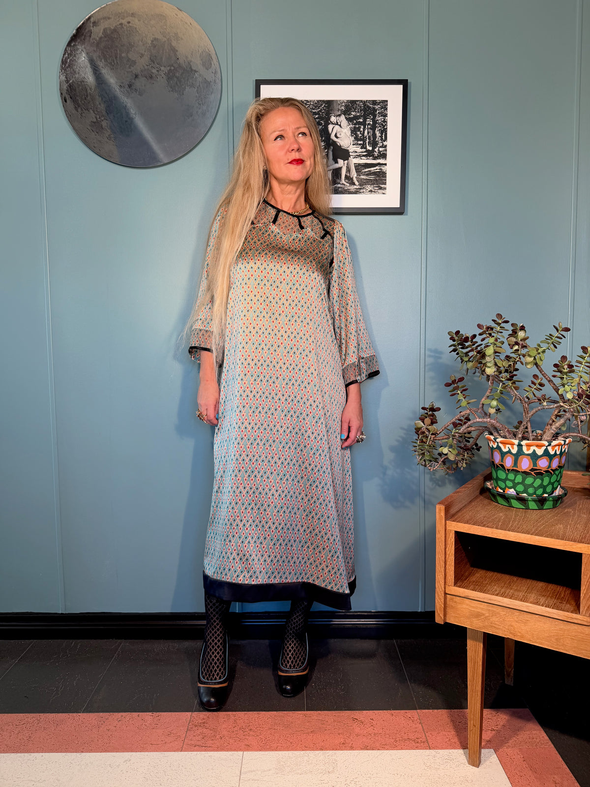 Front view of Kron by Kronkron Jacqueline silk dress in Sporrof Blue with relaxed midi silhouette and black contrast trim