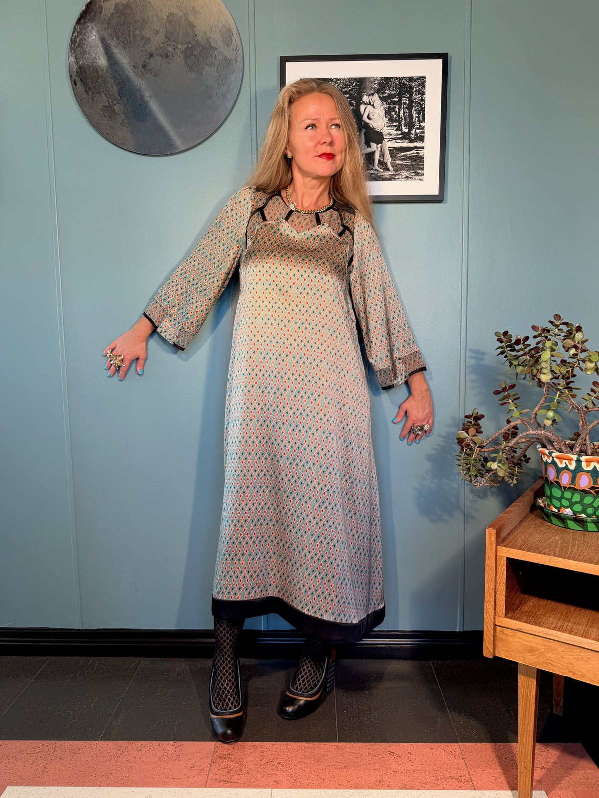 Front view of Jacqueline silk dress in Sporrof Blue showing the wide three-quarter sleeves and long fluid silhouette