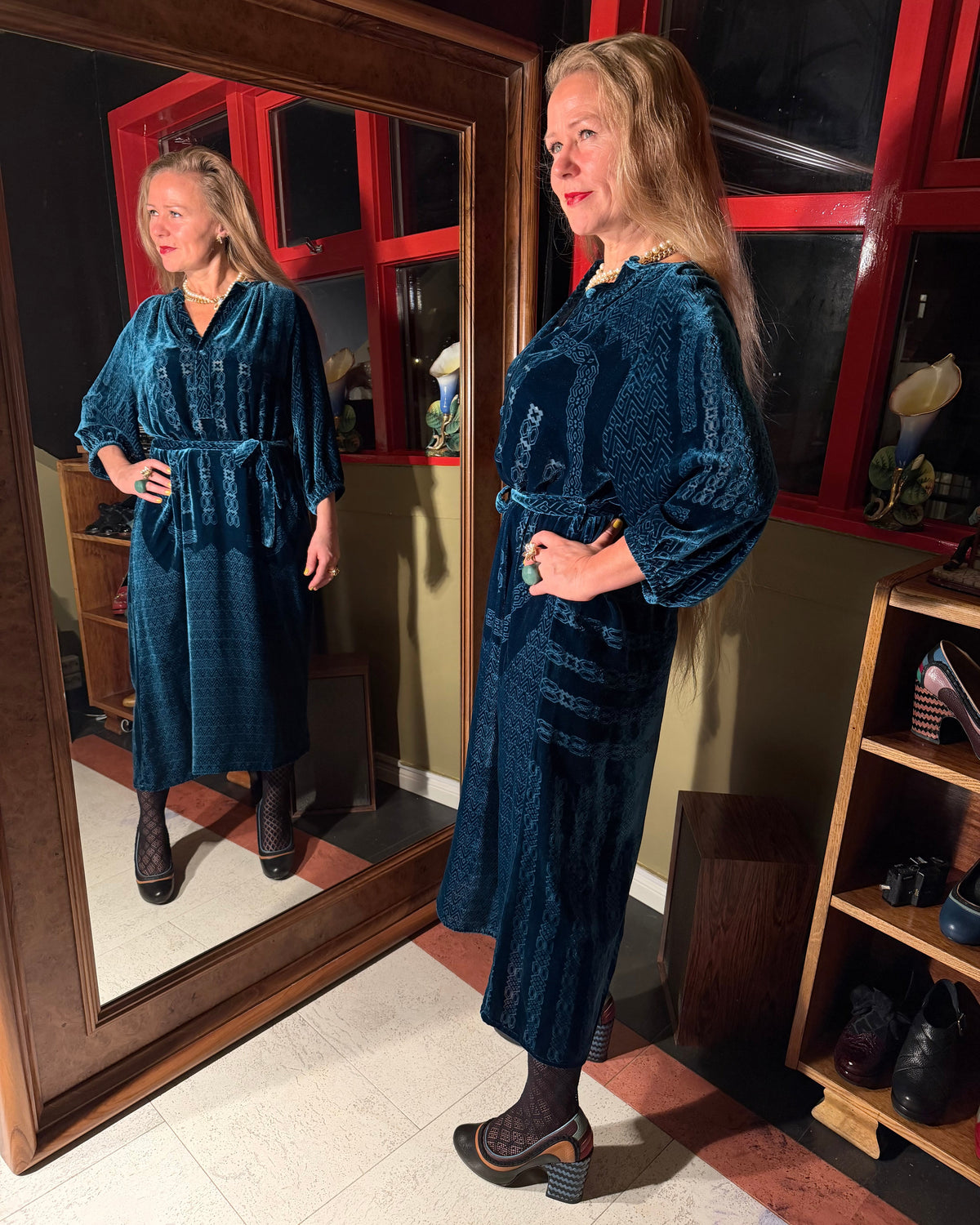 Styled view of Kron by Kronkron Ursula Dulróf Blue burnout velvet dress worn belted at the waist