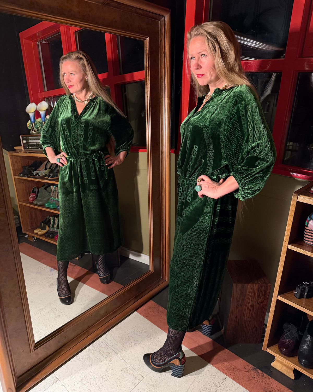 Styled view of Kron by Kronkron Ursula Dulróf Green burnout velvet dress worn belted at the waist