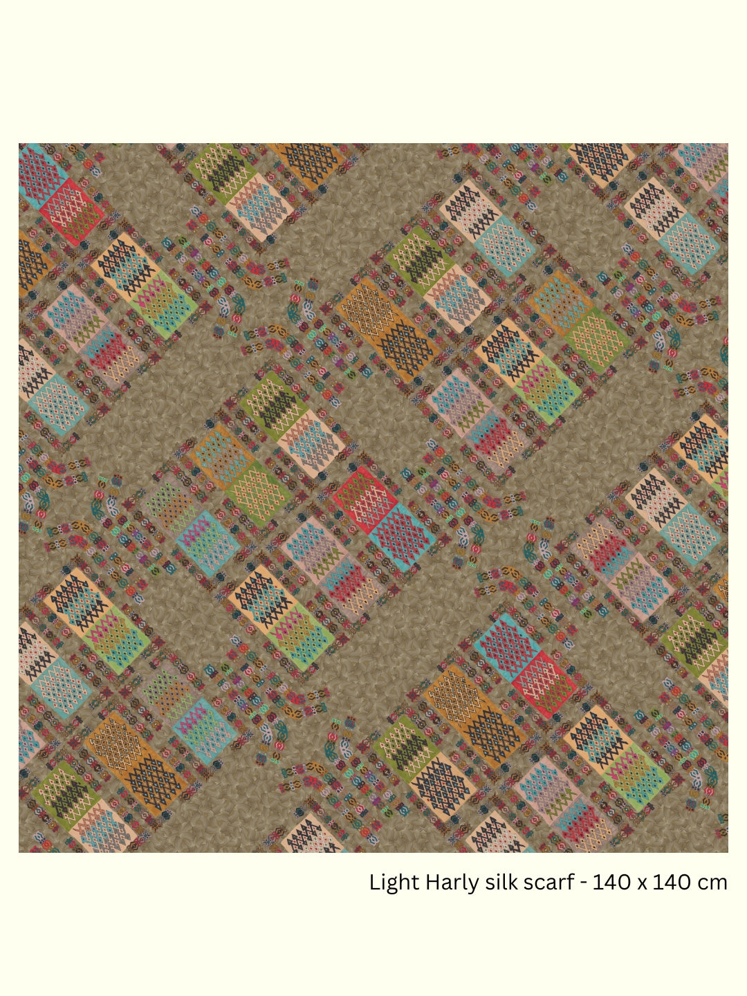 Full view of the Light Harly 140 × 140 cm silk georgette scarf by Kron by Kronkron with multicoloured geometric print