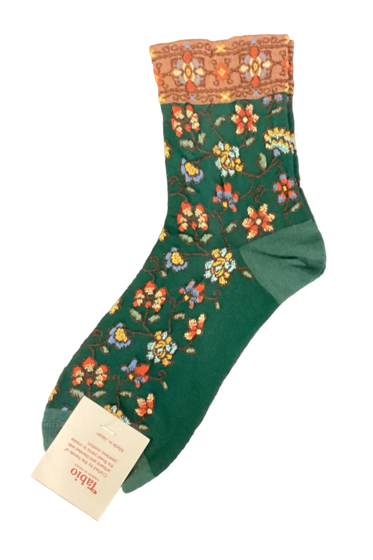 Tabio Float Oriental Flower Low Crew Socks in Deep Green with colourful floral pattern and brown cuff