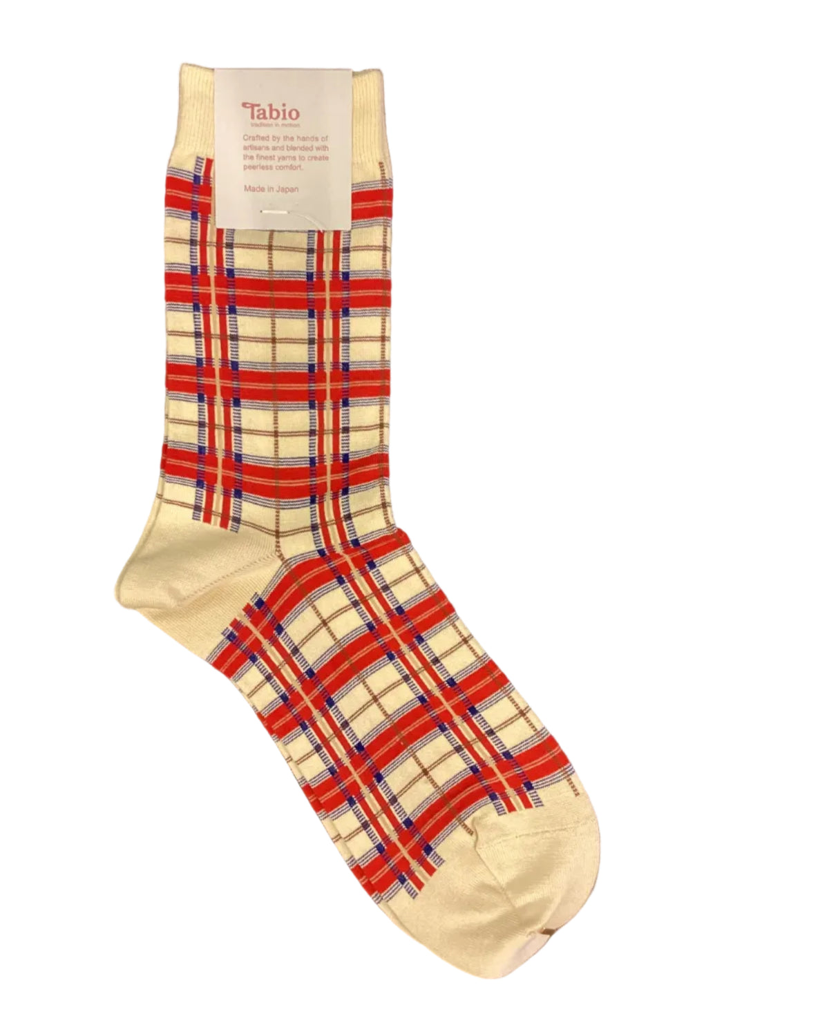 Tabio High Gauge Check Crew Socks in Cream White with red navy and brown tartan pattern