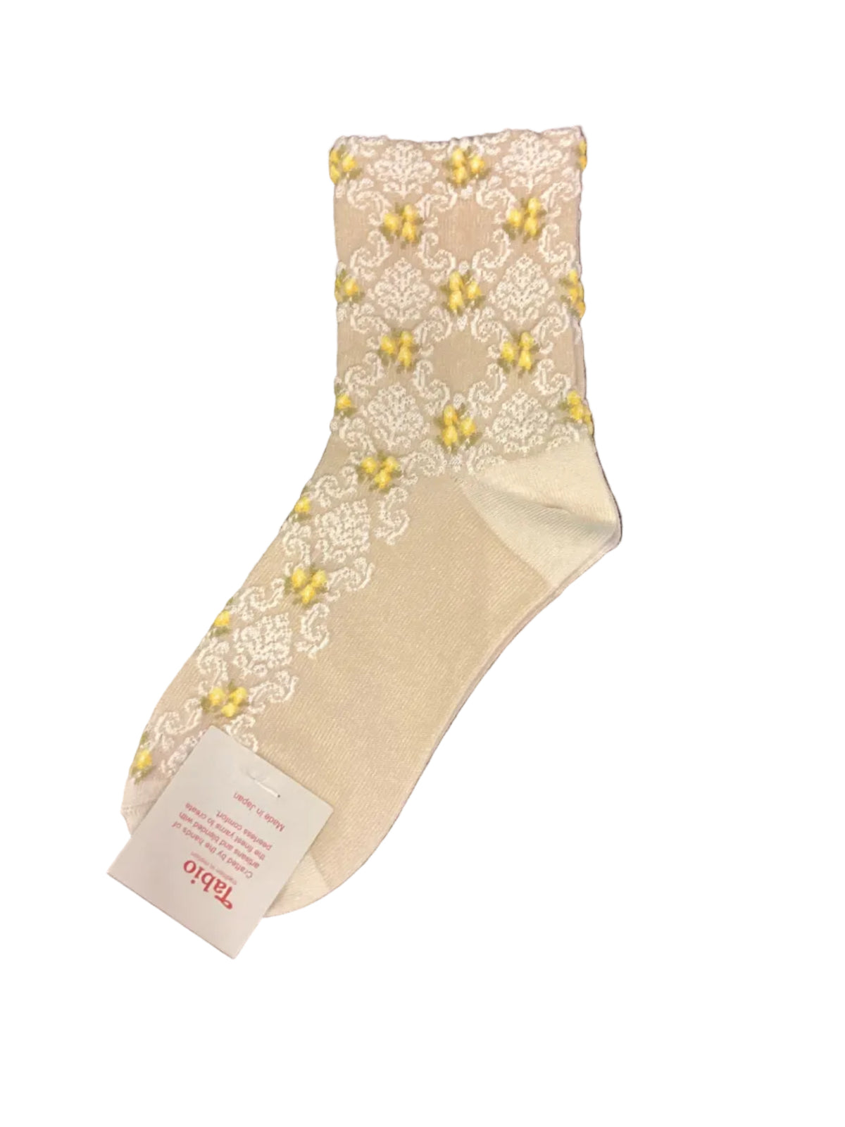 Tabio ivory low crew socks with white lace-inspired floral pattern and yellow flower details