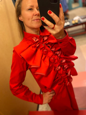 RED Ruffled shirtdress