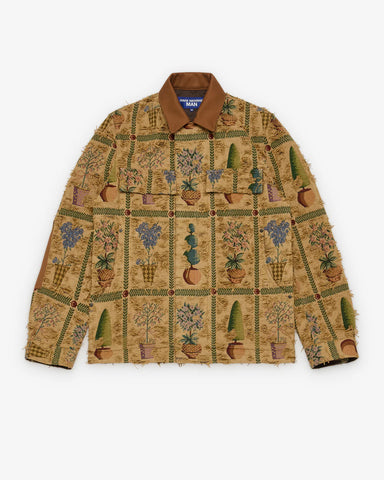 Front flat
Junya Watanabe Man Plant Pot Tapestry Jacket in brown with woven floral and plant motif, front view
