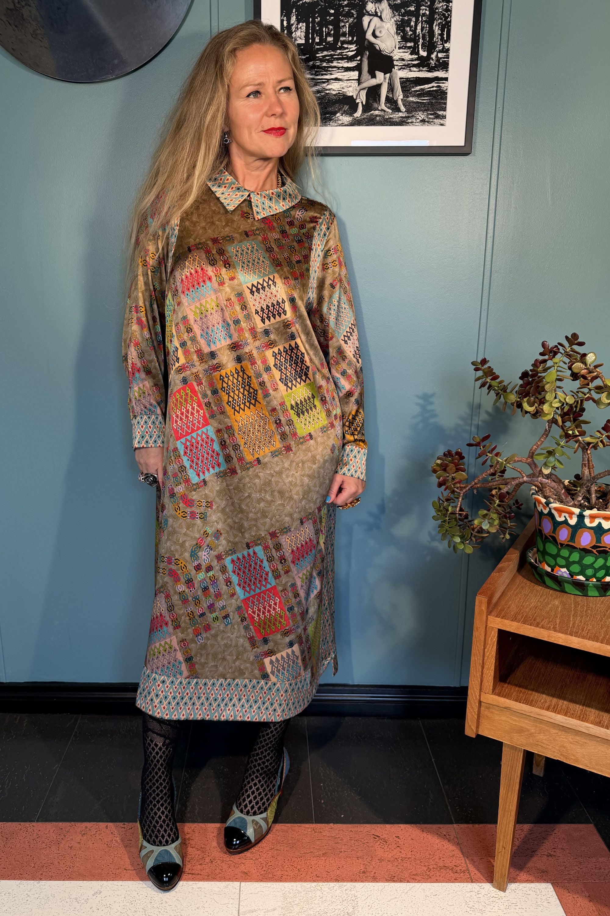 Kron by Kronkron Esme Dress in Harly print, three-quarter view with long sleeves and mid-calf A-line silhouette