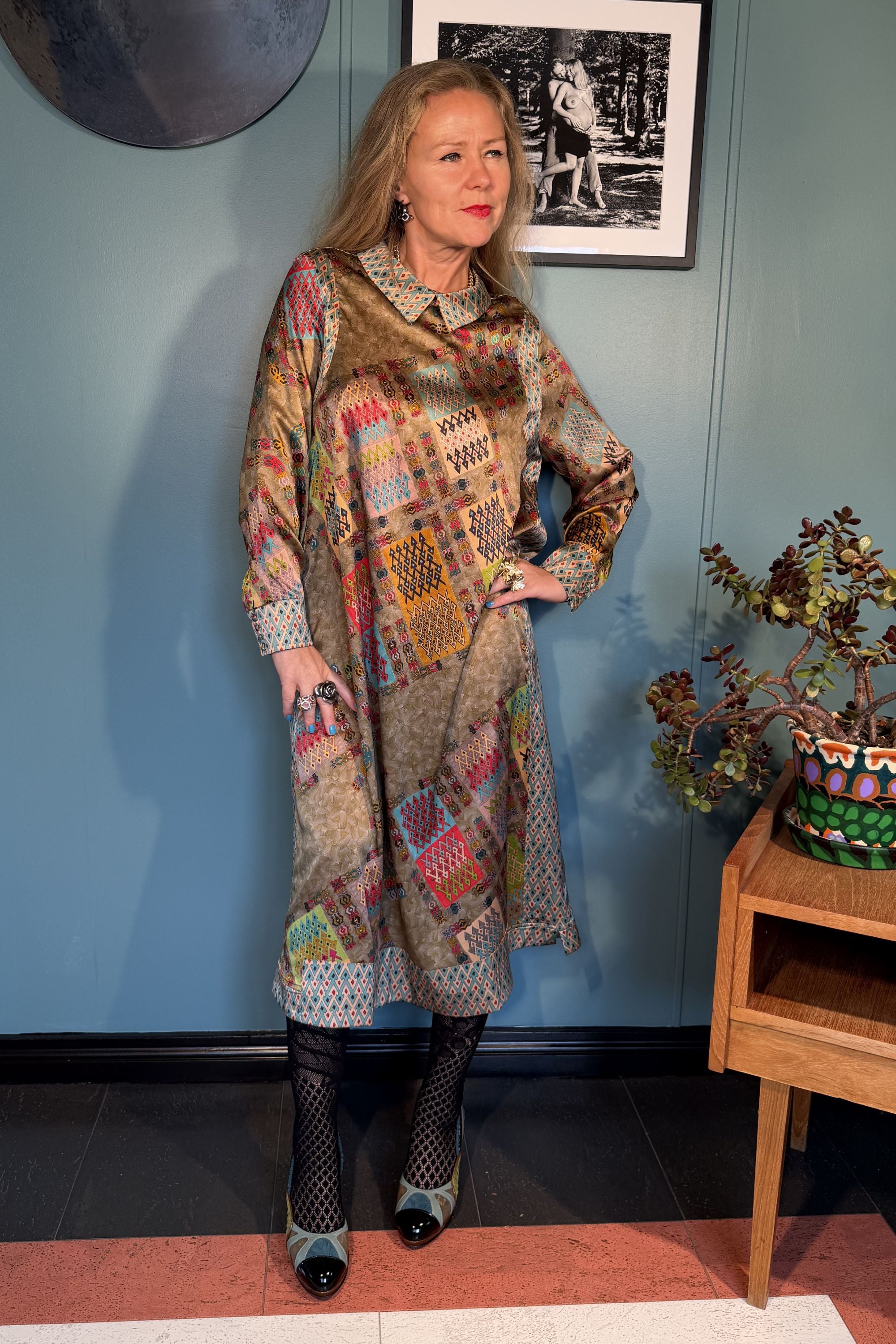 Kron by Kronkron Esme Dress in Harly print, angled front view highlighting the colourful geometric motifs