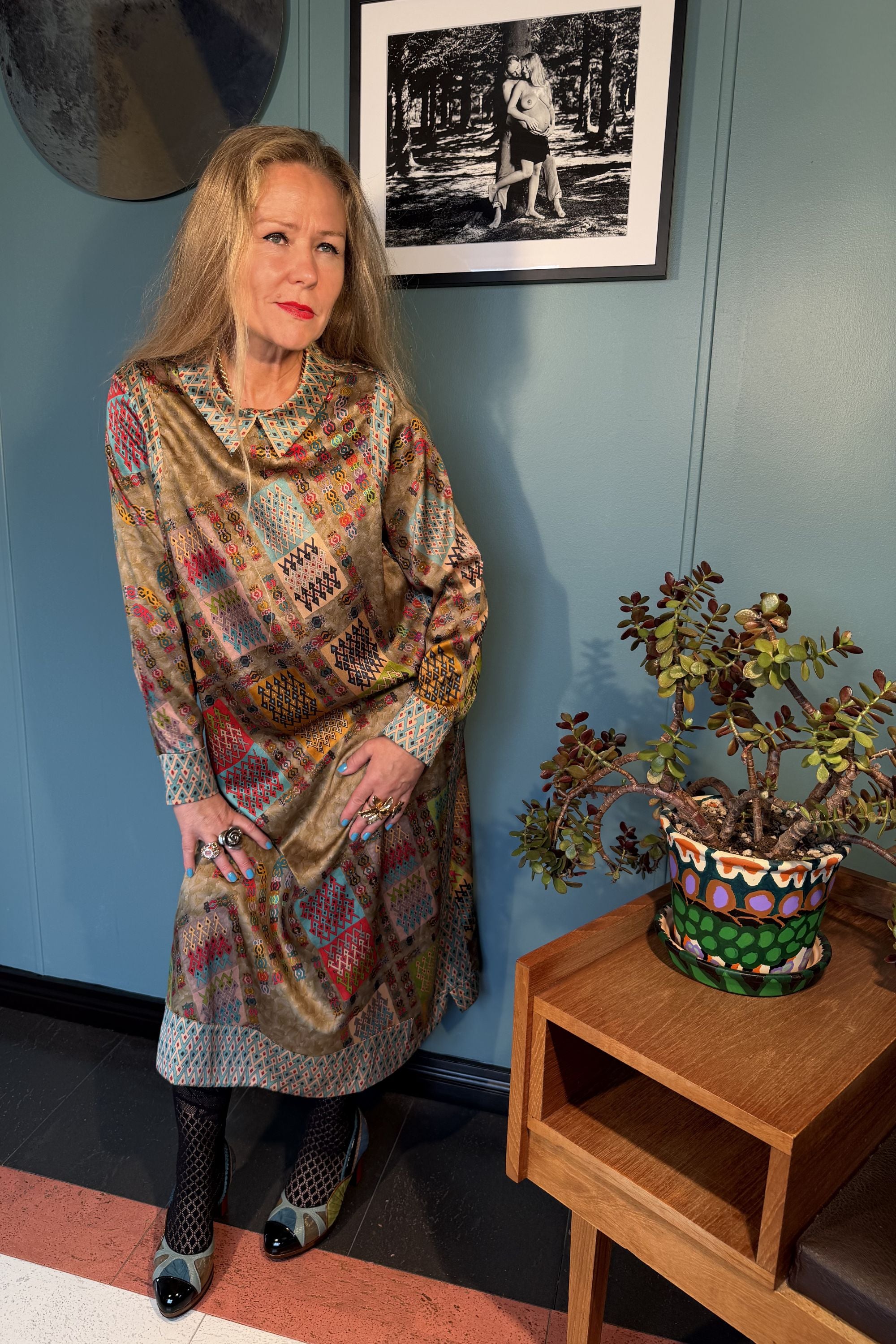 Kron by Kronkron Esme Dress in Harly print, relaxed front pose showing the fluid drape and patterned hem