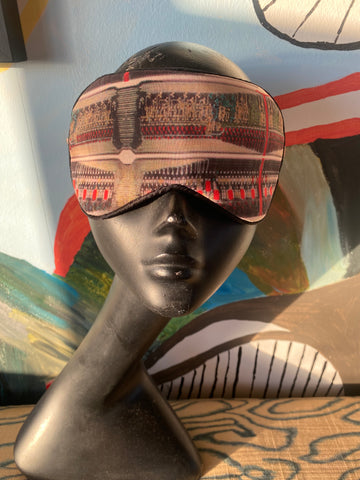 Kron by Kronkron silk sleep mask in Tapestry print displayed on a black mannequin head