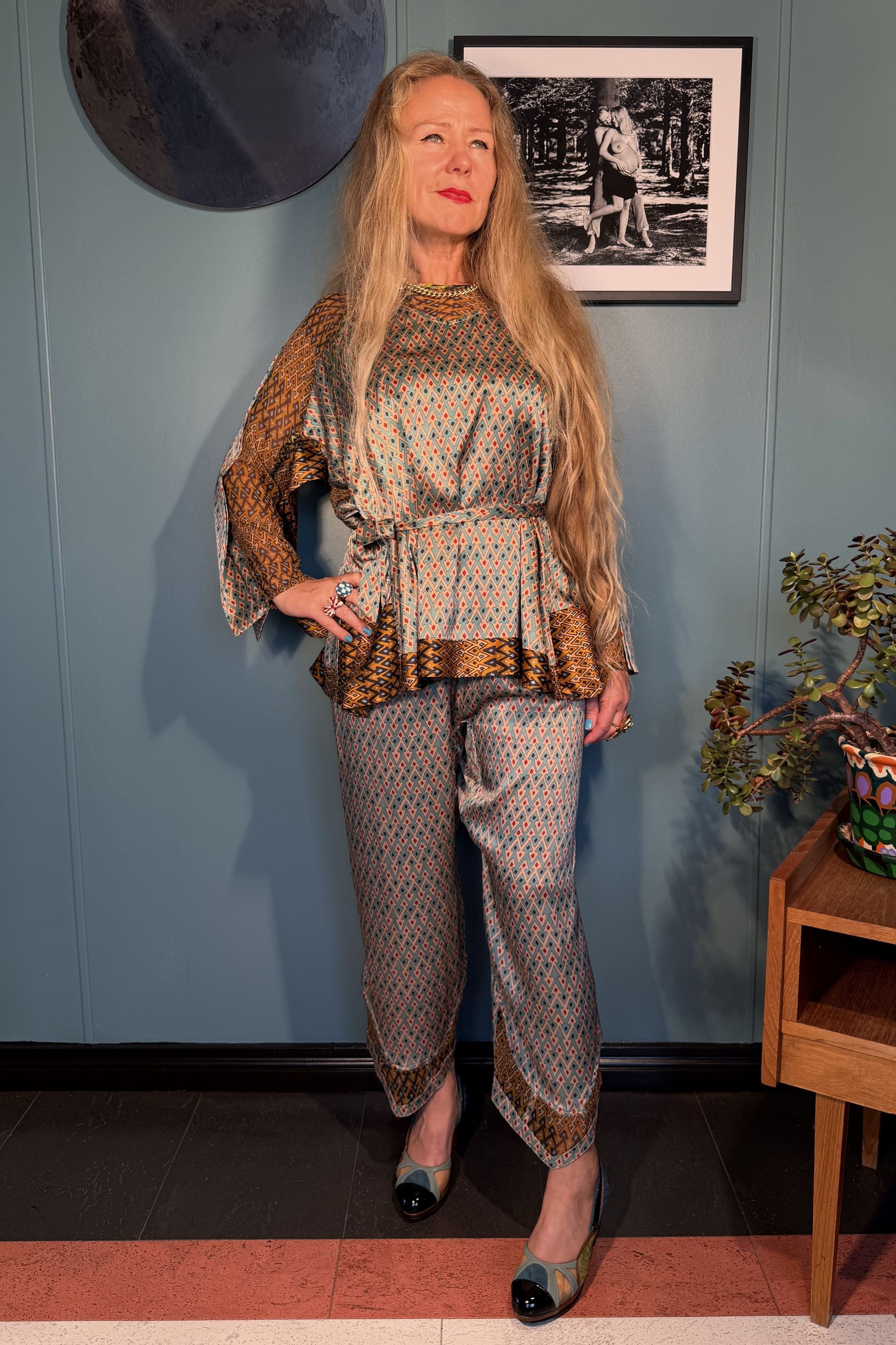 Front view of Josephine Sporrof Blue blouse styled with the matching Zahara silk trousers