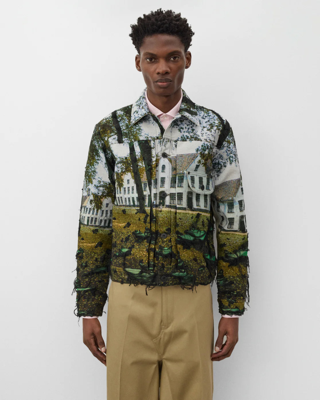 Front worn
Junya Watanabe Man House Jacket in multi with woven house motif, front view