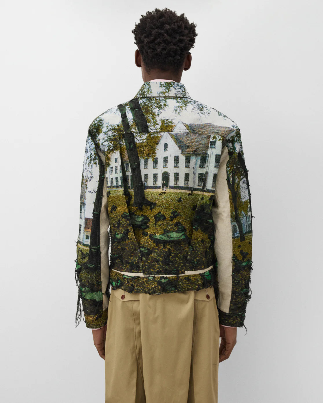 Back worn
Junya Watanabe Man House Jacket in multi with woven house image, back view
