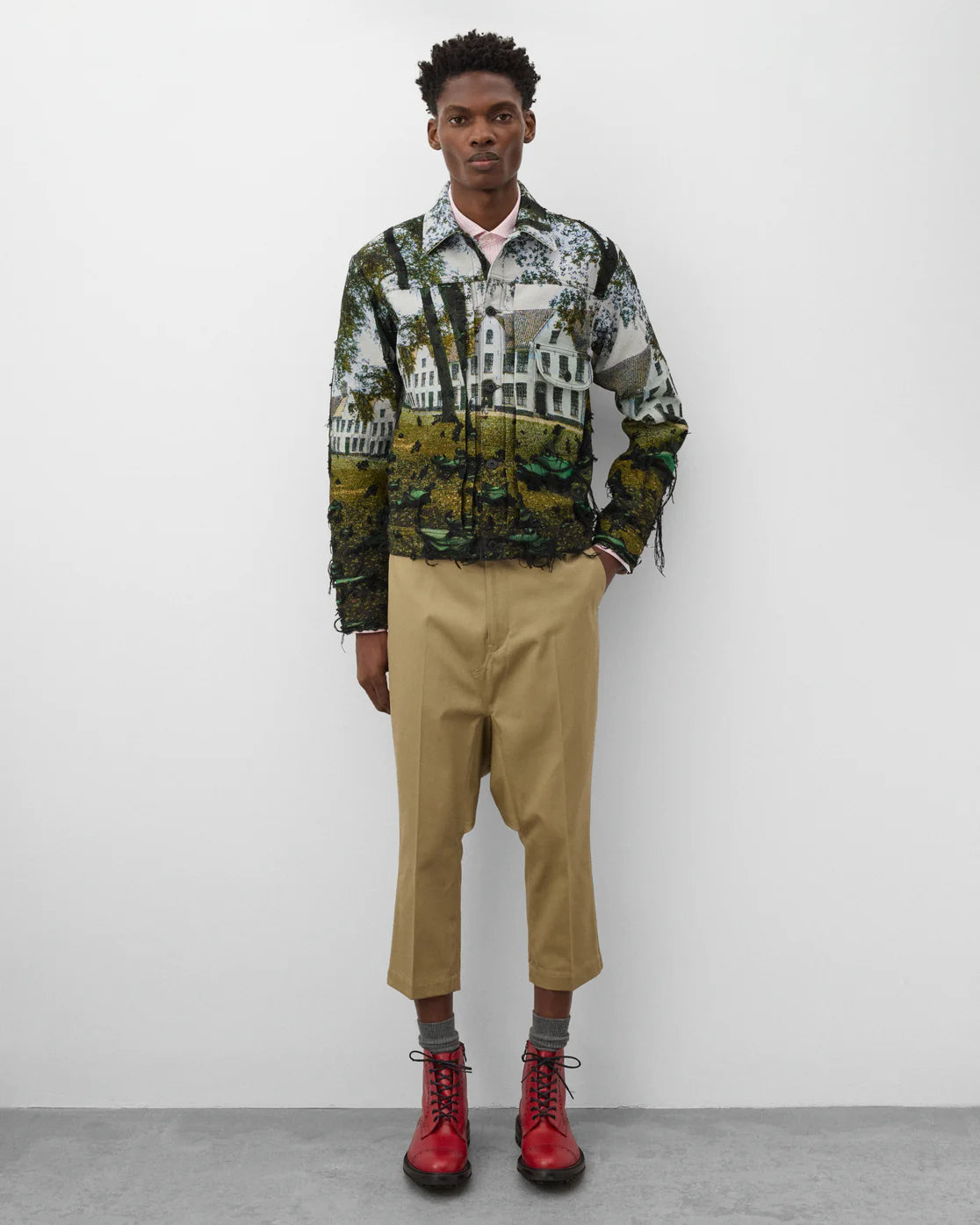 Full look
Junya Watanabe Man House Jacket in multi worn with cropped trousers and red lace-up boots