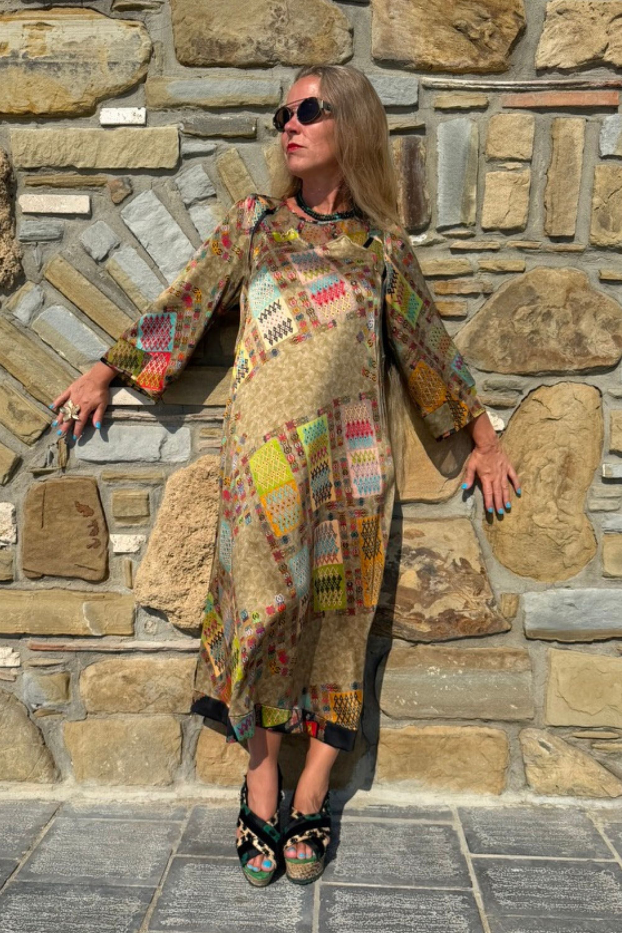 Full-length front view of Kron by Kronkron Jacqueline silk dress in Harly Light with semi-sheer upper panel