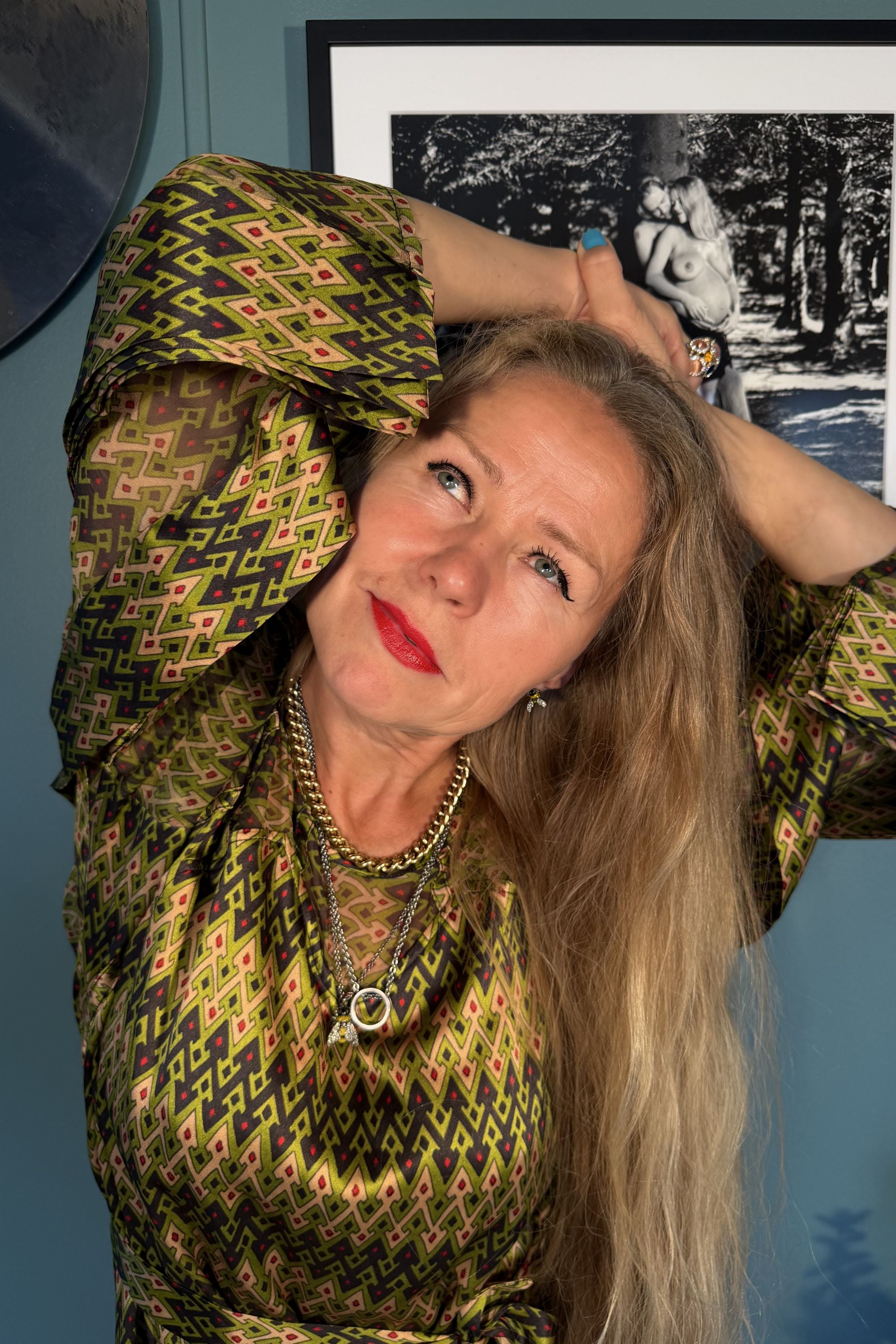Portrait detail of the Josephine silk dress in Sporrof Green by Kron by Kronkron