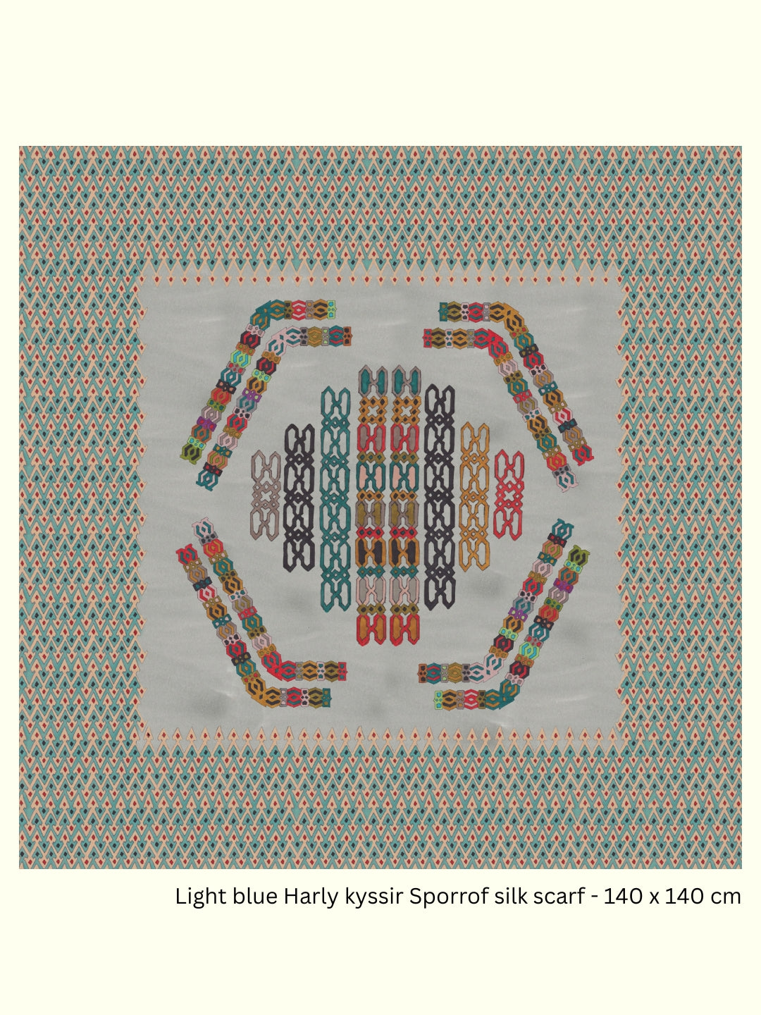 Light Blue Harly kyssir Sporrof 140 × 140 cm silk georgette scarf by Kron by Kronkron with multicoloured geometric print by Hugrún and Magni