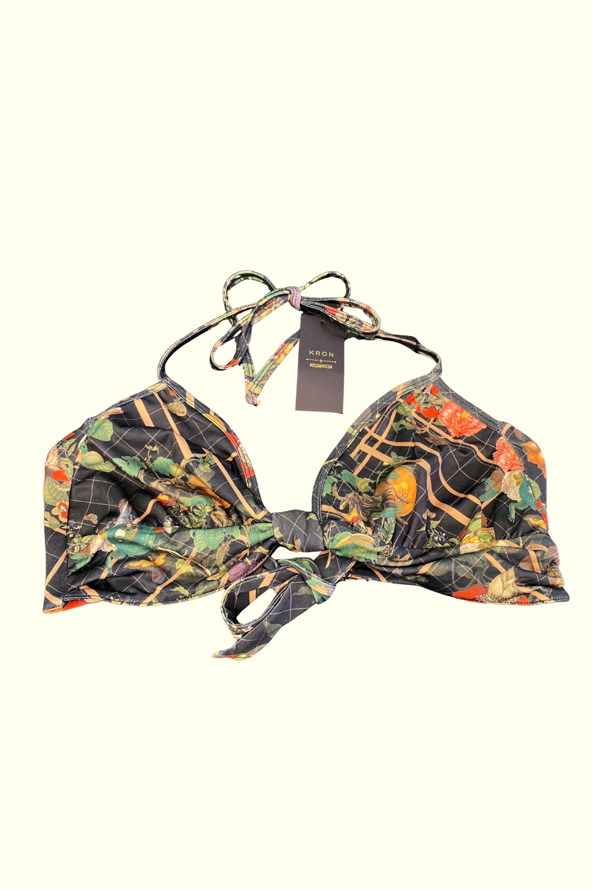 Kron by Kronkron Mala Bikini Top in Family Bug print with tie neck, back ties and knot detail at the front