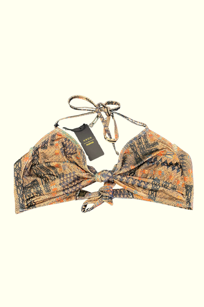 Kron by Kronkron Mala Bikini Top in Ljósrof print with tie neck, back ties and knot detail at the front