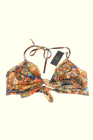 Kron by Kronkron Mala Bikini Top in Treasurehunt print with tie neck, back ties and knot detail at the front