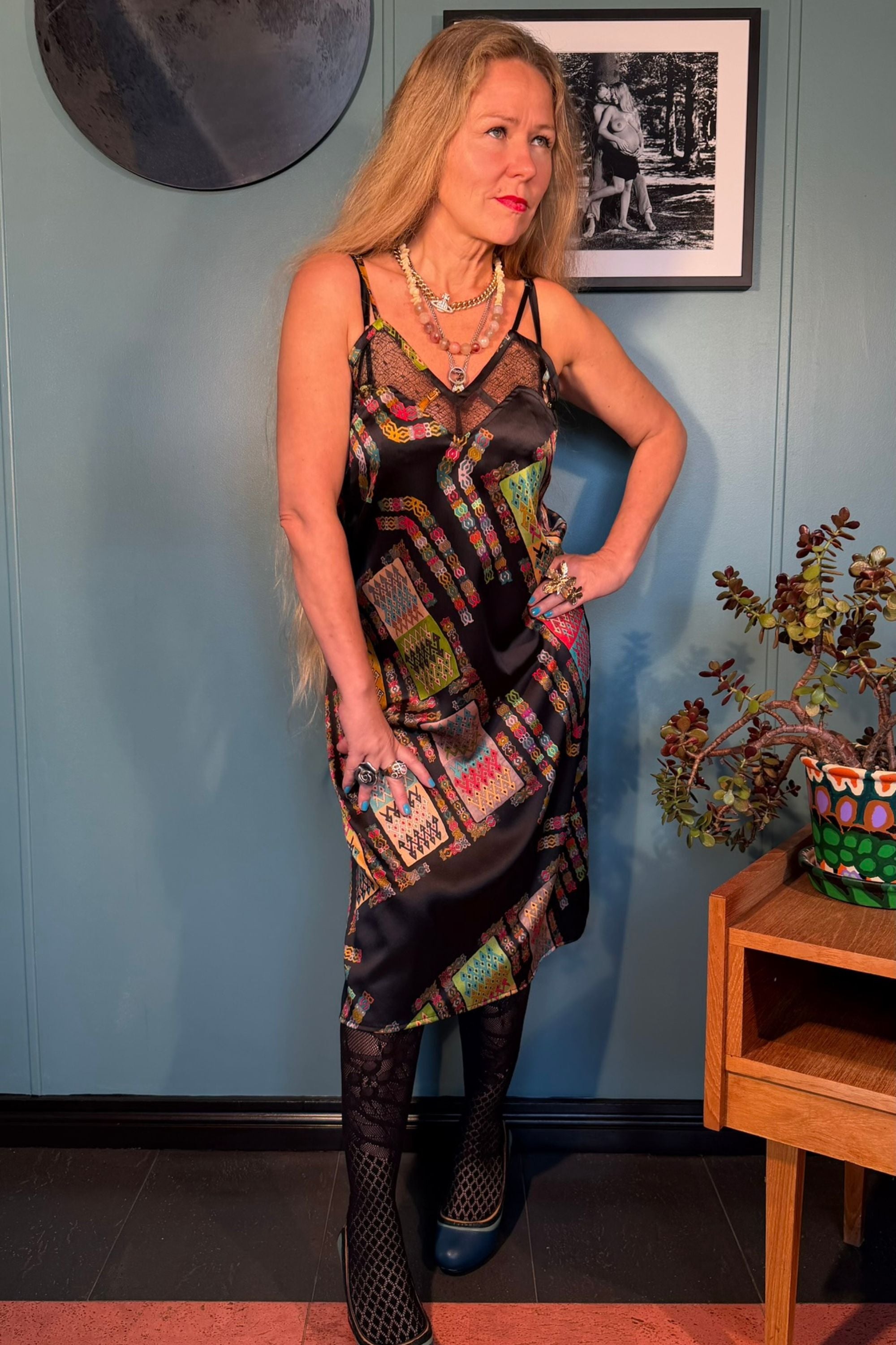 Norma Lang Harly Black silk slip dress with black lace bust detail and adjustable straps by Kron by Kronkron