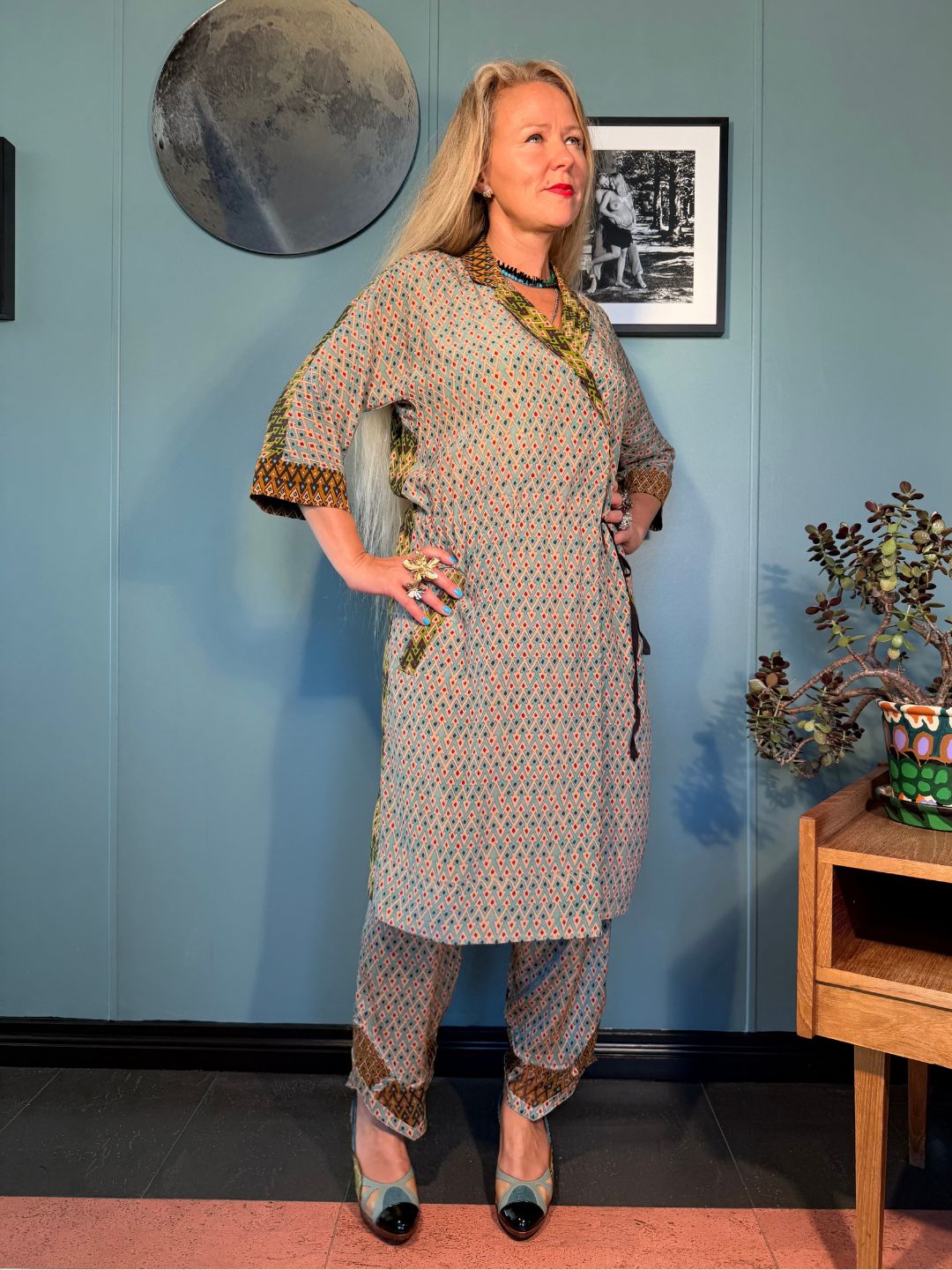Rimini Sporrof Multi silk dress by Kron by Kronkron with crossover V-neckline, three-quarter sleeves and matching printed Zahara trousers