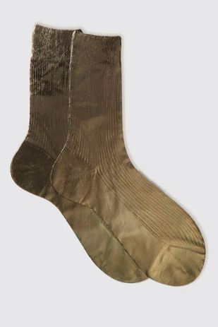 Maria La Rosa One Ribbed Laminated Brown silk socks with a ribbed texture and metallic finish