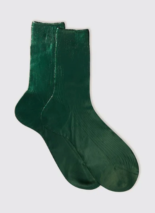 Maria La Rosa One Ribbed Laminated Forest Green silk socks with a ribbed texture and metallic finish
