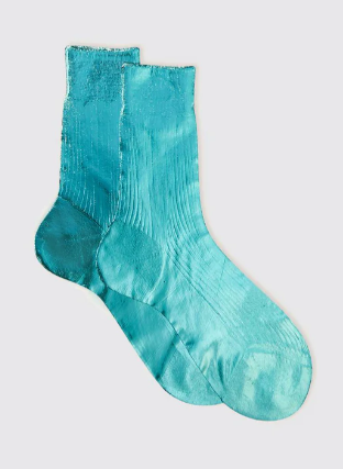 Maria La Rosa One Ribbed Laminated Water silk socks in bright aqua blue with a ribbed texture and metallic finish