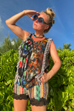 Kron by Kronkron Zaha Shorts Stripe silk shorts with lace trim styled with a printed top outdoors