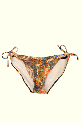 Kron by Kronkron Trixy Triangle Bikini Bottom in Treasurehunt print with adjustable side ties and pleated waist detail