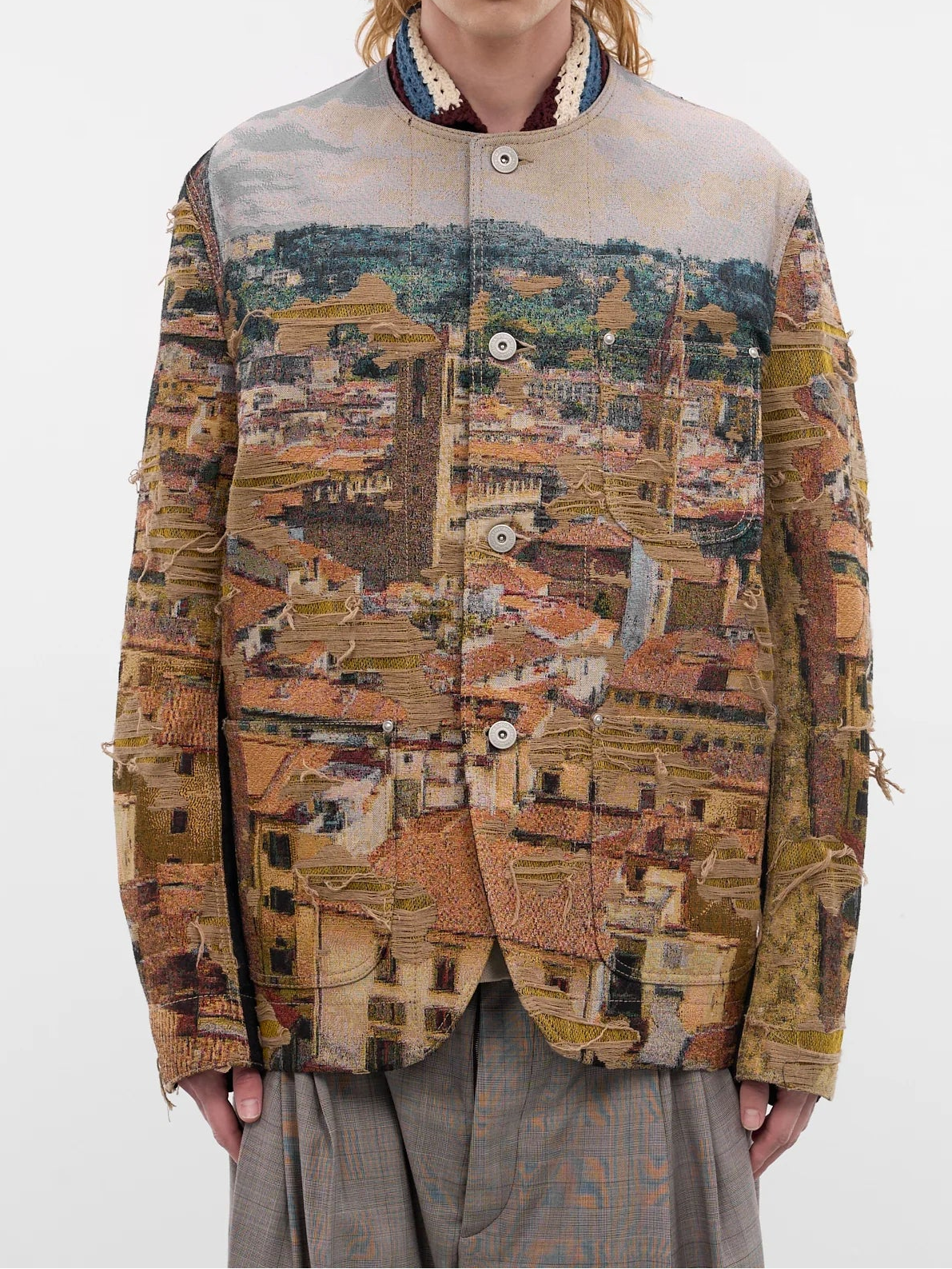 Front worn
Junya Watanabe Man Distressed Cityscape Knit Jacket in beige with cityscape jacquard and distressed detailing
