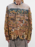 Front worn
Junya Watanabe Man Distressed Cityscape Knit Jacket in beige with cityscape jacquard and distressed detailing